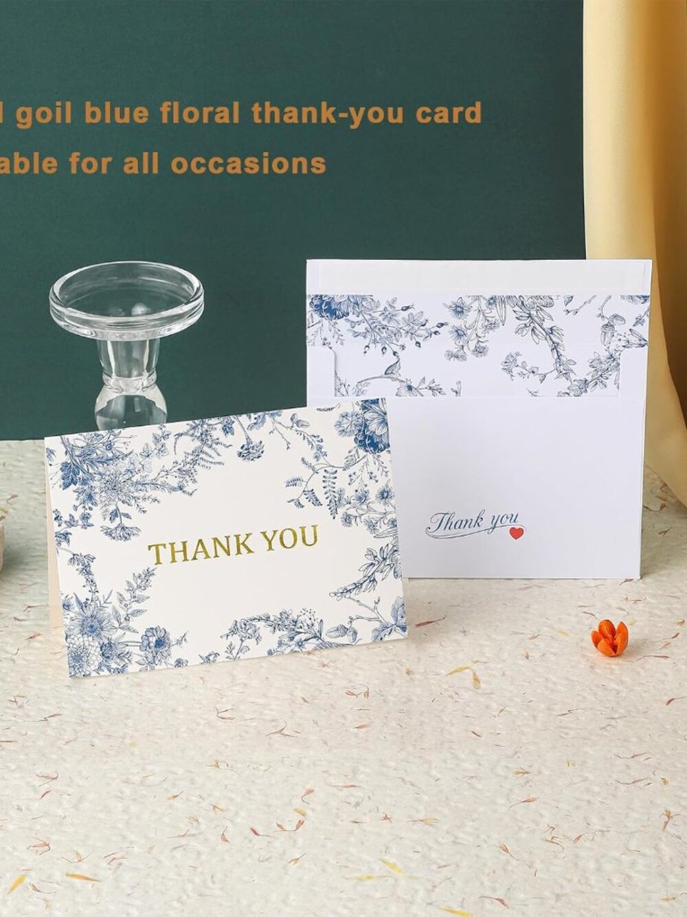 Blue Floral Gold Foil Thank You Cards and Envelopes